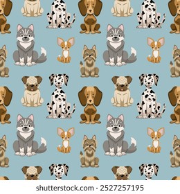 Different breed dog faces seamless pattern. Dog cute flat background