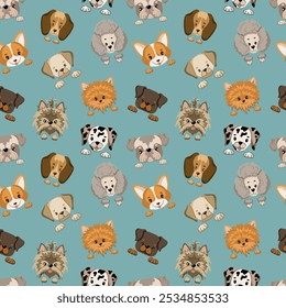 Different breed dog faces seamless pattern. Dog cute flat background