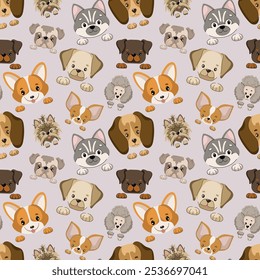 Different breed dog faces seamless pattern. Dog cute flat background, wallpaper