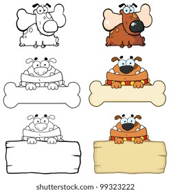Different Breed Of Dogs And Blank Sign. Vector Collection