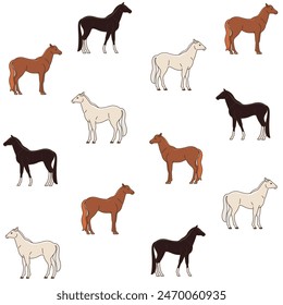 Different breed horse - seamless trendy pattern with animal. Contour vector illustration for prints, clothing, packaging and postcards.