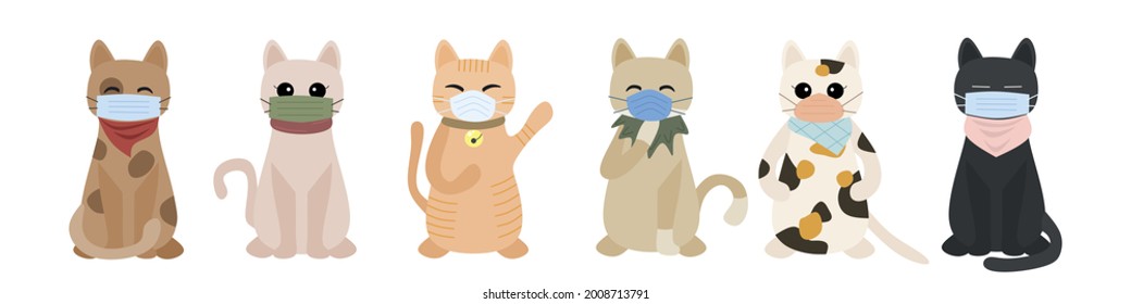 Different breeds of cats wearing mask protect from virus. A group of cats with happy expression wearing mask. Simple icon modern flat style vector illustration. 