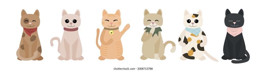 Different breeds of cats wearing scarves. A group of cats with happy expression sitting. Simple icon modern flat style vector illustration. 