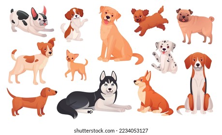 Different breeds dogs. Cartoon playful dog or puppy pet, pedigree breeding cute furry kind breed animals russell little pug pretty hound adorable pets ingenious vector illustration of puppy animal