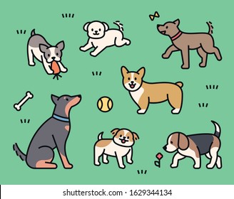 Different breeds of dogs are playing in the grass yard. outline style character. flat design style minimal vector illustration.