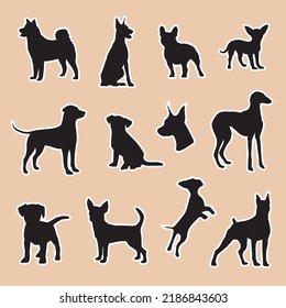 Different breeds of dogs as sticker pack for design websites, applications, logo, sign, clothes, accessories or social network communication. Silhouettes of puppies as stickers, print or pattern.