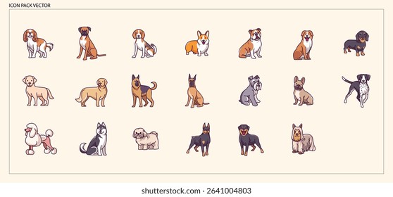 Different Breeds of Domestic Dogs Icons for Pet and Animal Care