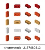 Different bricks in four positions. Isometric 3d icons set. Construction elements for bricken houses etc. 