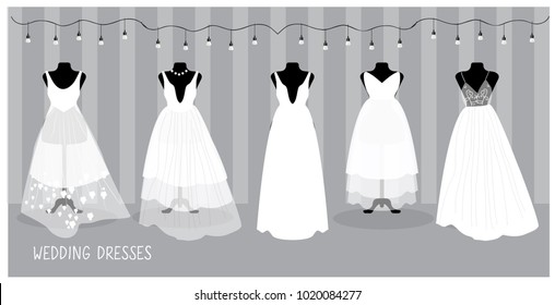  Different bride elegant and glamour dresses, isolated in vector. Wedding Fashion cartoon illustration