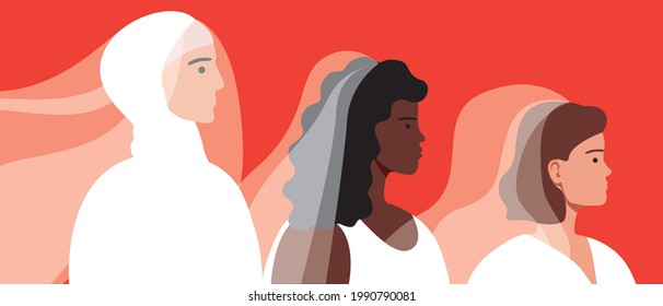 Different bride at the wedding. Flat vector stock illustration. Beautiful women of different cultures in a wedding dress. Islamic, Afro, European, American bride. Vector graphics