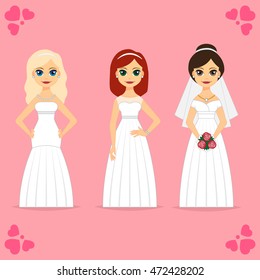 Different brides in beautiful dresses, curvy women.