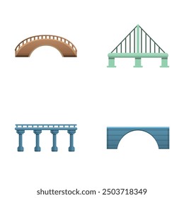 Different bridge icons set cartoon vector. Bridge project. Construction, infrastructure