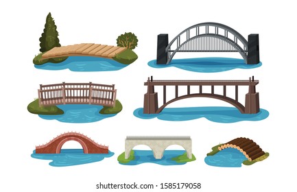 Different Bridges Collection, Wooden, Metal and Concrete Footbridges Vector Illustration