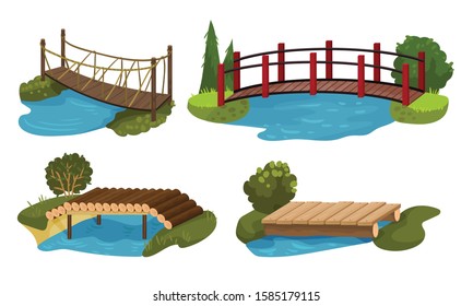 Different Bridges Collection, Wooden, Rope Footbridges Vector Illustration