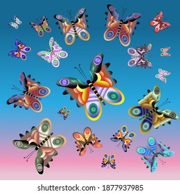 Different bright fantastic butterflies in the sky