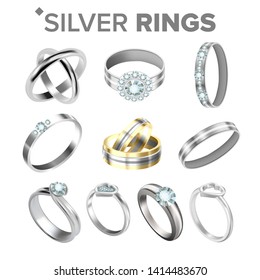 Different Bright Silver Metallic Rings Set Vector. Assortment Collection Of Design Engagement Diamond And Traditional Classic Wedding Rings. Luxury Ornament Accessories Realistic 3d Illustration