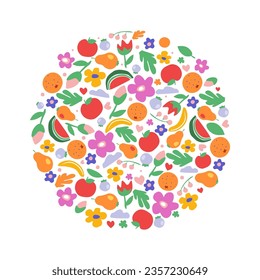 Different bright summer fruits, berries, flowers, plants, ingredients enclosed in a circle. Print for clothes, t-shirts, cards, cochon fabrics. Vector graphics.