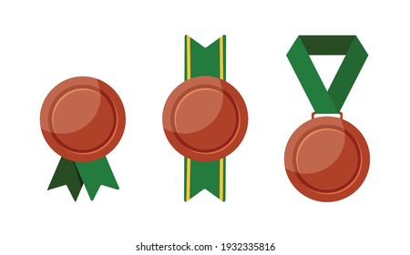 Diferentes medallas de bronce aisladas en fondo blanco. Trofeo con cinta verde. Estilo plano. Material vectorial