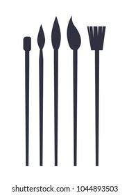 Different brushes silhouettes set, vector banner, black and white illustration with varied shapes brushes for drawing, art instruments collection