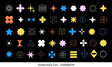 Different Brutalism shapes, minimalist geometric bauhaus elements, abstract forms. Star, cross, flower shape, basic form, trendy modern design element vector set