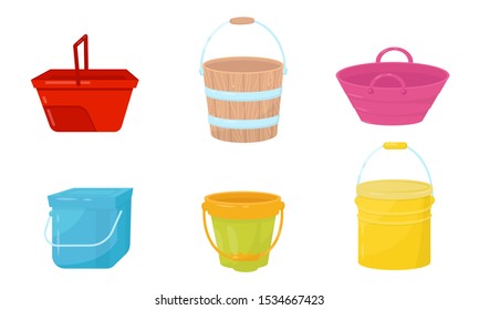 Different Buckets and Useful in Household Containers Vector Illustrated Set