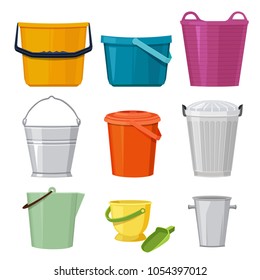 Different buckets. Vector set isolate. Illustration of bucket and container, pail with handle