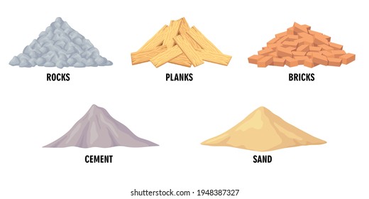 Different building materials vector illustrations set. Piles of construction materials, rocks, planks, bricks, cement, sand on white background. Building, construction material, industrial concept