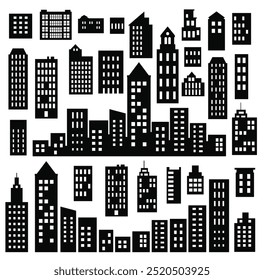 Different building and skyscraper silhouettes forming a cityscape, perfect for representing a modern city