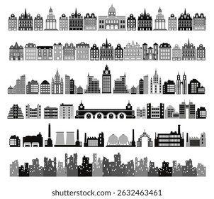 Different building types are composing a varied urban landscape, from old houses to modern skyscrapers and industrial factories