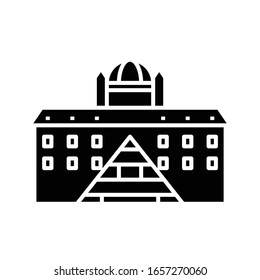 Diferentes edificios icono negro, ilustración conceptual, símbolo plano vectorial, signo de glifo.