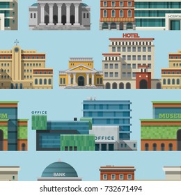 Different buildings hotels for tourist and travalers places vacation time apartment urban town facade vector seamless pattern background .