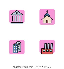 Different buildings line icon set. Ancient building, block of flats, church, factory. Construction and architecture concept. Can be used for signboards, poster, brochure