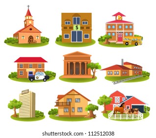 different buildings and places