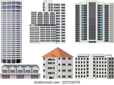 Different buildings set on white background illustration