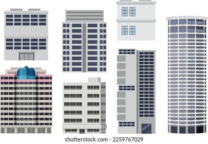 Different buildings set on white background illustration