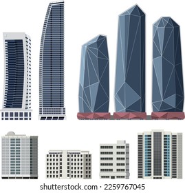Different buildings set on white background illustration