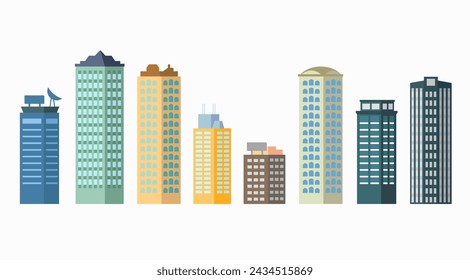 Different buildings set on white background. Office buildings isolate on white of modern skyscrapers. Flat skyscrapers. Exterior of modern city buildings. Residential and business office houses.