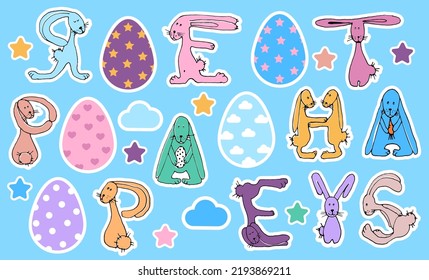 Différents lapins et autocollants d'oeuf sont mis en place. Illustration vectorielle dessinée à la main de lapins et de lièvres de Pâques