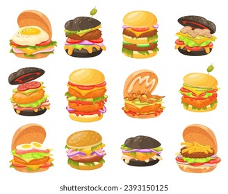 Different burgers. Small and big burger with veggie vegetable salads or beef cutlets, cheeseburger hamburger black bun sandwich bread american fast food, neat vector illustration of food hamburger