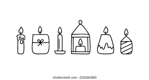 Different burning candles with flame, doodle line shape, hand draw sketch. Candle with fire set. Vector illustration