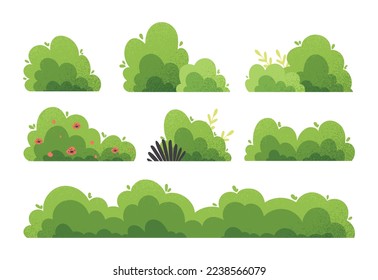 Different bushes set. Collection of graphic elements for website. Botany and floristry, garden and park decoration. Spring and summer. Cartoon flat vector illustrations isolated on white background