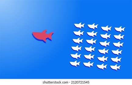 Different business concept.Red fish changing direction from white fish. new ideas. creative idea. vector ,illustration.