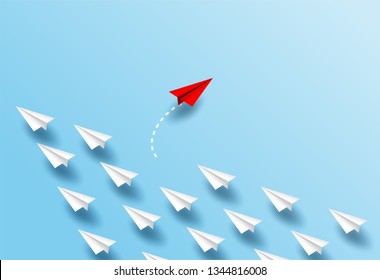 Different business concept.Red paper plane changing direction from white paper plane. new ideas. paper art style. creative idea. vector ,illustration.
