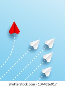 Different business concept.Red paper plane changing direction from white paper plane. new ideas. paper art style. creative idea. vector ,illustration.
