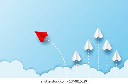 Different business concept.Red paper plane changing direction from white paper plane. new ideas. paper art style. creative idea. vector ,illustration.
