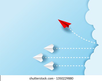 Different business concept.Red paper plane changing direction from white paper plane. new ideas. paper art style. creative idea. vector ,illustration.
