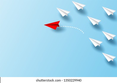 Different business concept.Red paper plane changing direction from white paper plane. new ideas. paper art style. creative idea. vector ,illustration.
