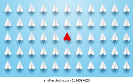 Different business concept.Red paper plane changing direction from white paper plane. new ideas. paper art style. creative idea. vector ,illustration.