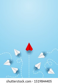 Different business concept.Red paper plane changing direction from white paper plane. new ideas. paper art style. creative idea. vector ,illustration.