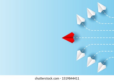 Different business concept.Red paper plane changing direction from white paper plane. new ideas. paper art style. creative idea. vector ,illustration.